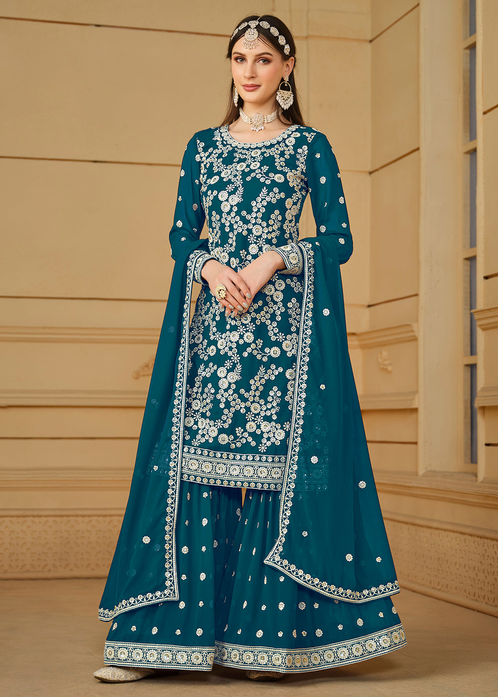 Slate-grey embroidered cotton silk salwar - Monjolika - 4139353